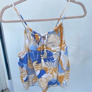 Blue & Yellow Linen Blend High Neck Tank Top Size Medium